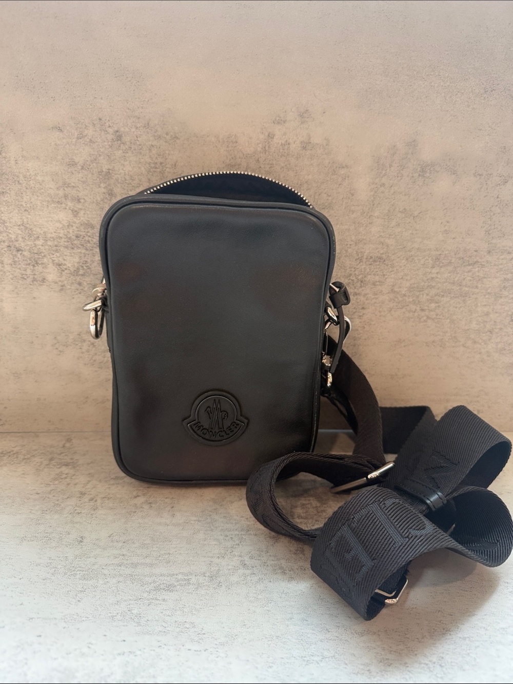 Moncler Black Leather Belt Bag with Wide Logo Strap
